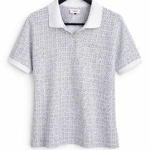 Talbots White Abstract Starburst Motif Green And Blue Womens Polo Sz Med